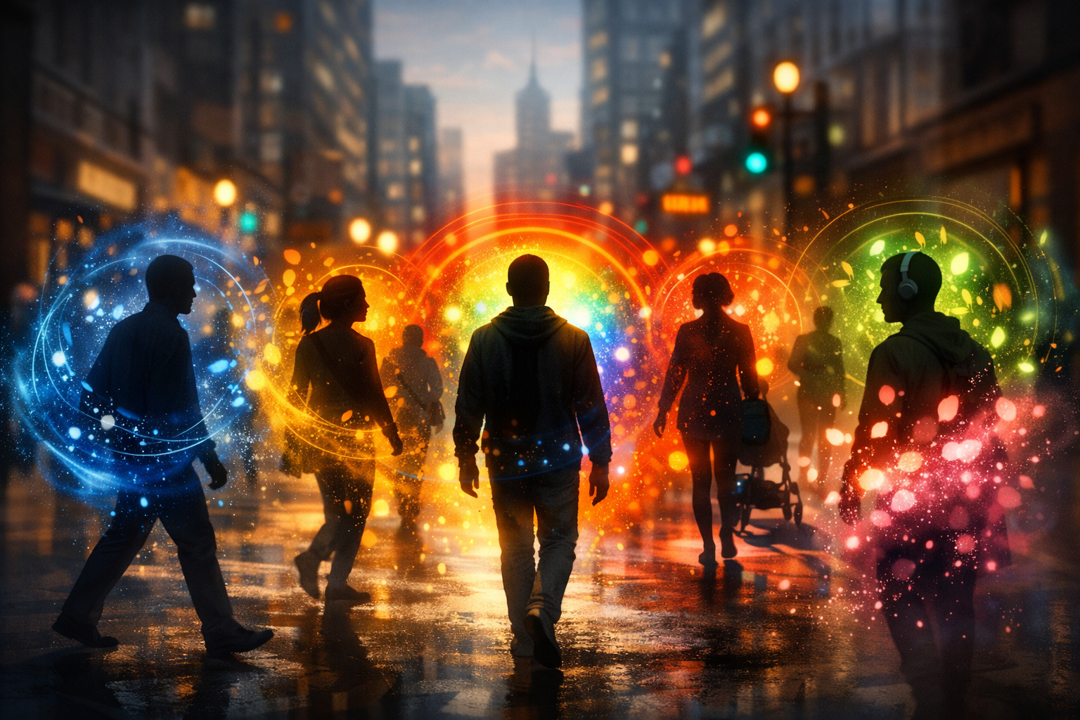 Silhouettes marchant dans une ville, entourées de halos colorés représentant les perceptions sensorielles invisibles