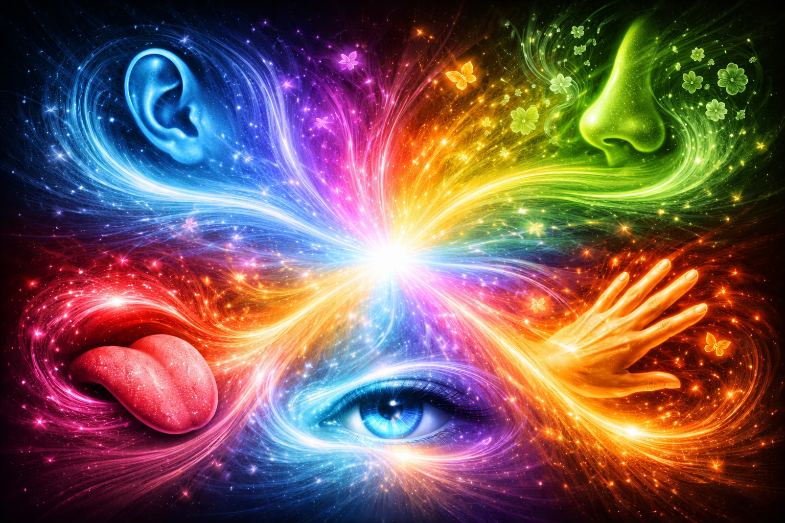 Scène urbaine au crépuscule où tous les sens se mêlent dans une ambiance magique