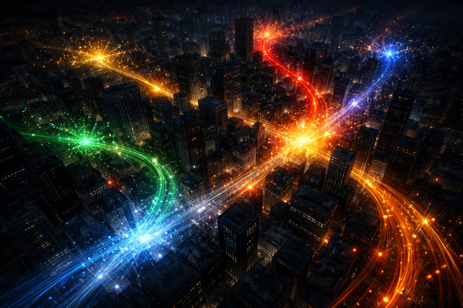 Silhouettes de personnes dans une ville, reliées par des ondes colorées représentant leurs perceptions sensorielles partagées